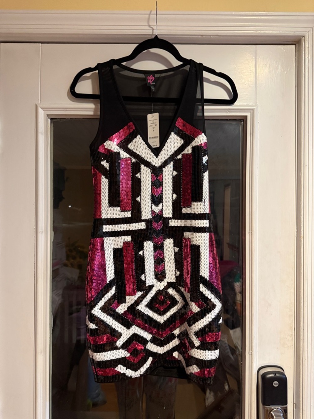 2B Bebe Black, Pink & White Sequin Geometric Mini Dress rave whimsical goth sexy